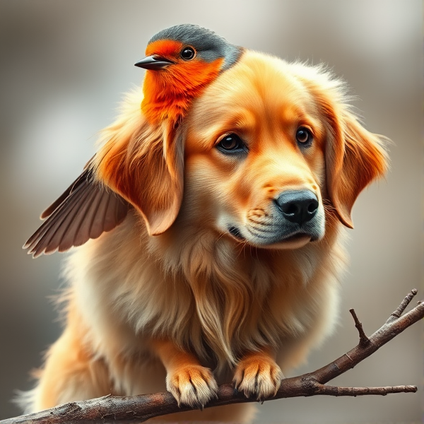A majestic creature that combines the features of a golden retriever with those of a Robin, showcasing the soft golden fur and friendly eyes of the retriever seamlessly blended with the red-breasted plumage and wings of a Robin, perched gracefully on a branch