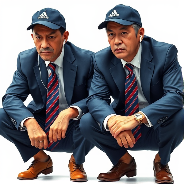 Deux  différents hommes d'affaires japonais puissants mature  accroupis et faché  portant des casquettes Adidas  et des cravates rayées longues  bleue rouge et oreillettes Apple 
Ils sont complices et conquérants , ils dominent 
 , accroupis pas trop et regard fort