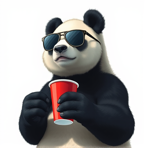 Panda bear wearing sunglasses and holding a red solo cup