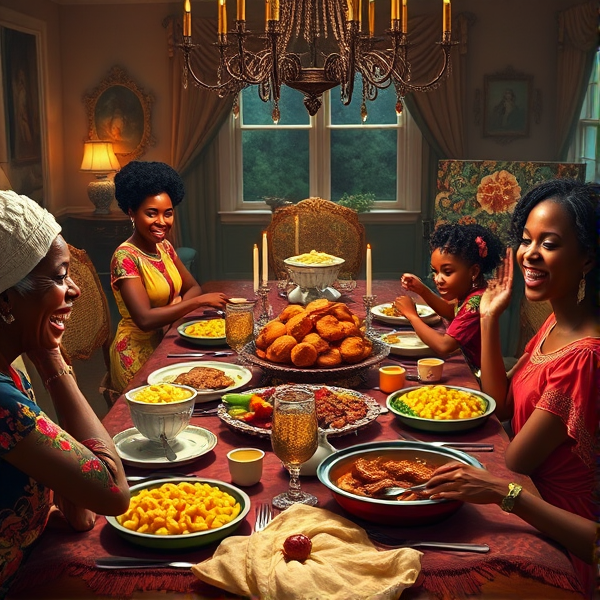 A lively African American family gathering around a richly adorned dinner table, sharing a traditional soul food meal with dishes such as fried chicken, collard greens, macaroni and cheese, cornbread, and sweet potato pie, all set in a warm and inviting dining room filled with laughter and storytelling