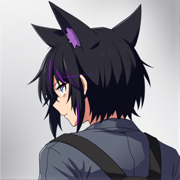 My hero academia oc. Black hair and cat ears with purple streaks and tips climbing on someone's back
