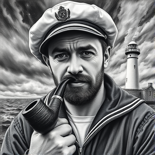 Linogravure détaillée d'un marin portant un bonnet, tenant fermement une pipe entre ses dents, avec un phare imposant en arrière-plan sous un ciel orageux