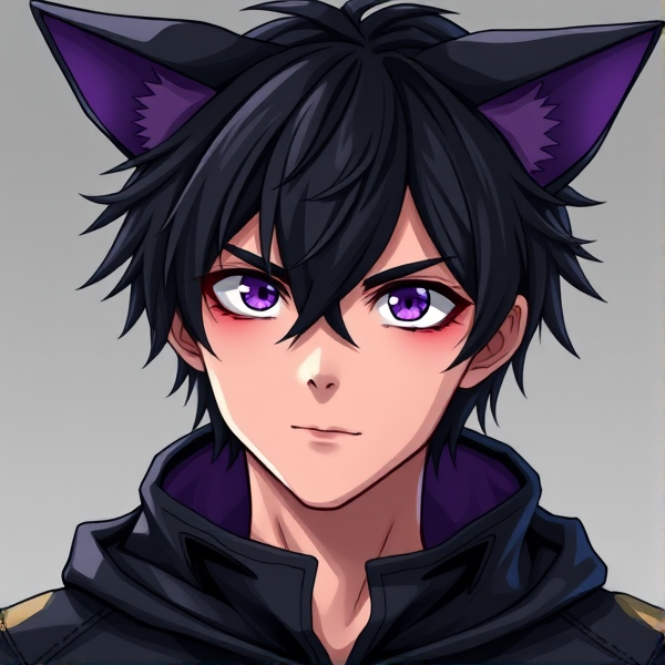 My hero academia oc. Black hair. Purple eyes. Male. Black cat ears with purple insides. Leather hero costume. About 15 years old