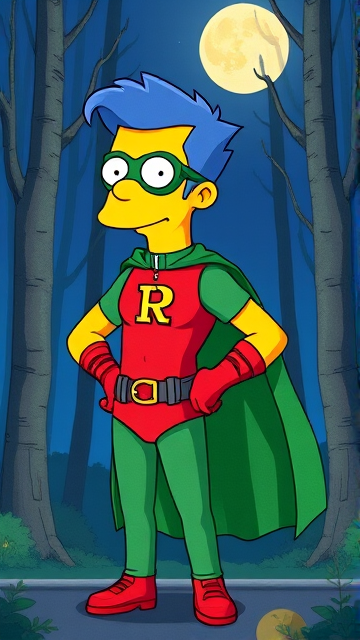 Milhouse Van Houten from The Simpsons, with his yellow skin, really big round nose, and blue hair that's slicked back and curled up at the top, but as a tall, 18-year old teenager, dressed as a parody of Robin, The Boy Wonder, with an extremely muscular torso and arms, a green bodysuit with a red torso adorned with a green H symbol on his chest, a grey utility belt, red boots, red long-cuffed gloves, a big, heel-length long, ultra-wide green cape, and a green eye mask with optical lenses in it, now known as Houseboy, The Nerd Wonder, the other half of Springfield's Dynamic Duo, and one of the greatest vigilante superheroes ever known in Springfield. He is currently standing in the forest at night, taking a break from his heroic duties to reflect on his growth and transformation into the vigilante he has become.