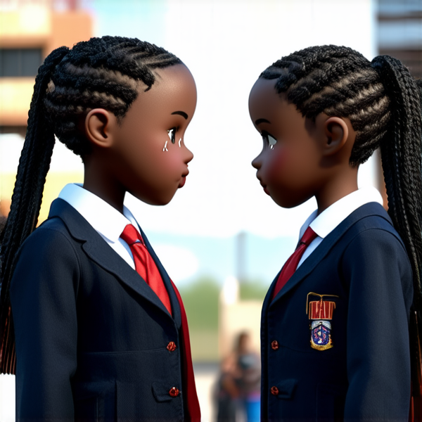 deux jeune fille de huit ans avec des tresses africaines noires, les yeux embués de larmes,  vêtue d'une uniforme scolaire qui se disputent dans une cour d'école