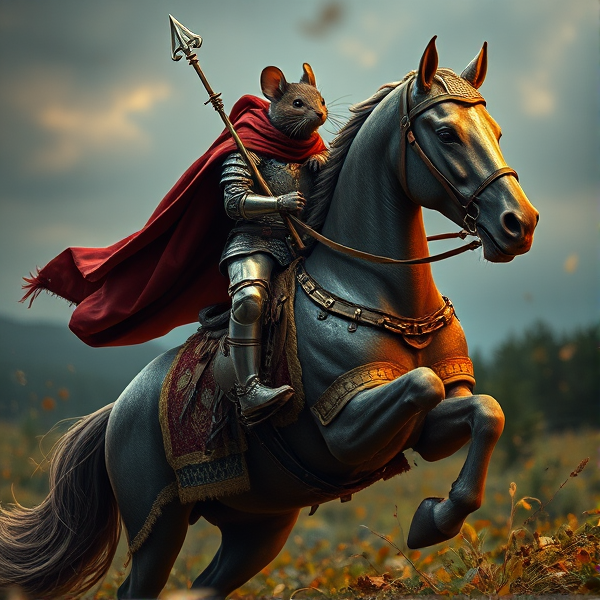 war horse with a knight mouse on its back