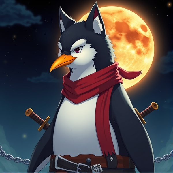 Pingouin avec un masque de loup sur la tête maitre de l'éclipse lunaire et avec un écharpe rouge autours du cou et avec deux épées dans le dos et avec une tenue de pirate