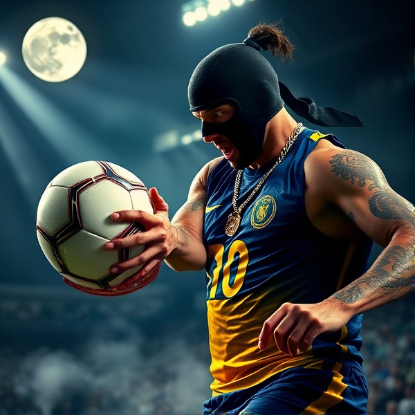 Zlatan Ibrahimovic en pleine action décochant un tir puissant du pied droit dans un ballon de football, ses muscles définis et tendus mis en évidence par un éclairage théâtral qui crée des jeux d'ombres et de lumières contrastées dans le stade. Il est équipé d'un masque de ski noir aux reflets métalliques qui intensifie son regard perçant, tandis qu'une chaîne en or avec un médaillon du lion suédois pèse sur son torse sculpté. À son doigt brille une bague en or incrustée d'une gemme étincelante. Une brume dense s'enroule autour du terrain, contribuant à une ambiance mystérieuse alors que des projecteurs coupent l'obscurité pour révéler des silhouettes estompées dans les gradins. Le numéro 10 ressort brillamment sur son maillot bleu et jaune vibrant, reflétant les couleurs nationales de la Suède et renforçant sa fierté patriotique. Zlatan adopte la pose féroce d'un prédateur au moment de frapper, dominant les adversaires hors-champ avec autorité. Son expression affiche une concentration absolue et la résolution caractéristique du joueur en plein effort. Sur ses bras tatoués se détachent des motifs complexes évoquant ses nombreux succès sportifs. Ses yeux brillent d'une lueur métallique comparable à celle d'armes prêtes à faire feu, sous le regard bienveillant d'une lune argentée qui confère à la scène une qualité surnaturelle presque théâtrale.