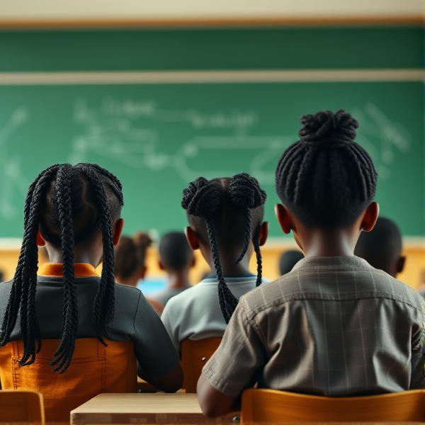 des filles noires de huit ans avec des tresses africaine et garçons assis dans une classe face au tableau vert