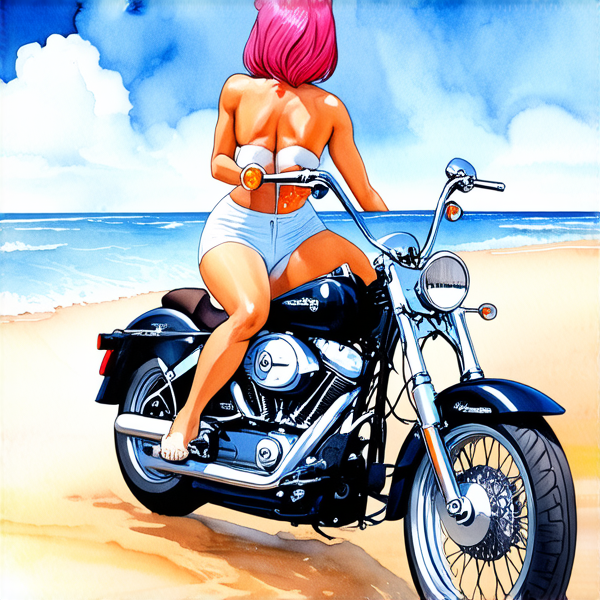 Aquarelle : Femme avec des cheveux rose fuchsia sur une harley noir roule sur le plage