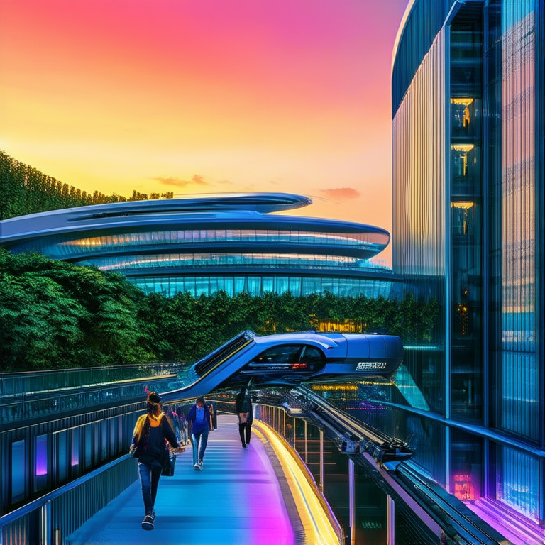A futuristic floating city with lush greenery, sleek glass buildings, and advanced transportation systems like flying cars, set during sunset. The sky is painted in vibrant hues of orange and pink, while people in fashionable tech-wear stroll through elevated walkways. Neon lights add a soft glow to the scene.