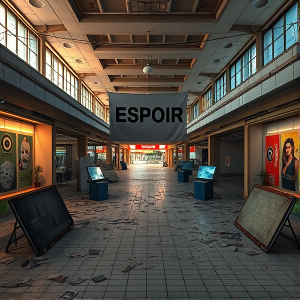 Une scène désolée d'exposition de marketing expérientiel dans un grand centre commercial abandonné, avec des stands renversés et du matériel de présentation déformé éparpillés dans le désordre. Écrans fissurés et affiches déchirées aux couleurs délavées témoignent d'un départ précipité. Le sol carrelé est jonché de débris, parsemé de craquelures. L'éclairage intermittent du plafond jette des ombres inquiétantes sur les vestiges chaotiques. Des brochures promotionnelles voltigent dans un courant d'air fantomatique. Au centre, une large bannière avec l'inscription "ESPOIR" pend à des fils électriques depuis le plafond, symbole ironique de l'optimisme perdu. Une lumière crépusculaire filtre à travers les vitres sales, illuminant la scène d'une tristesse palpable depuis une vue en hauteur au milieu du couloir principal. Style hyper-réaliste avec des textures contrastées comme le métal rouillé et les éclats de verre brisé sur le sol irrégulier, tout ceci sous une ambiance lugubre qui souligne la décadence commerciale