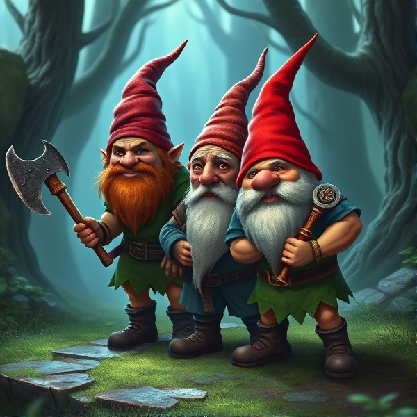 Make a picture of three gnomes one called Brawly the muscly and kinda crazy one with his main weapon an axe then add frank the elder of the group who has a way for the dark arts and finally make crawly the leader gnome make it like a Disney movie