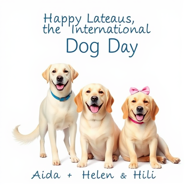 create poster with Happy International Dog Day. On the bottom says Aida, Helen & Hili. The poster has three female dogs. one dog is beautiful white cross-breed labrador and golden retreiver guide dog standing with a smile and wagging tail with blue name tag says Aida. next to her is laying a light colored beautiful labrador with red name tag that says Helen. Helen's long ears are a bit darker at the bottom. next to Helen sits a beautiful light colored labrador with long ears smiling with a pink bow in hair and pink name tag Hili. Hili is not a puppy