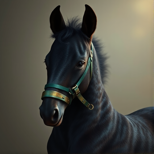 A black newborn baby horse wearing a horse sized bracelet on its forearm