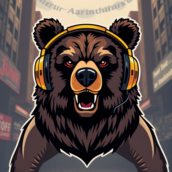 Ours portant des écouteurs avec un fond urbain évoquant le hip-hop et le rap, orné de bagues en or brillantes