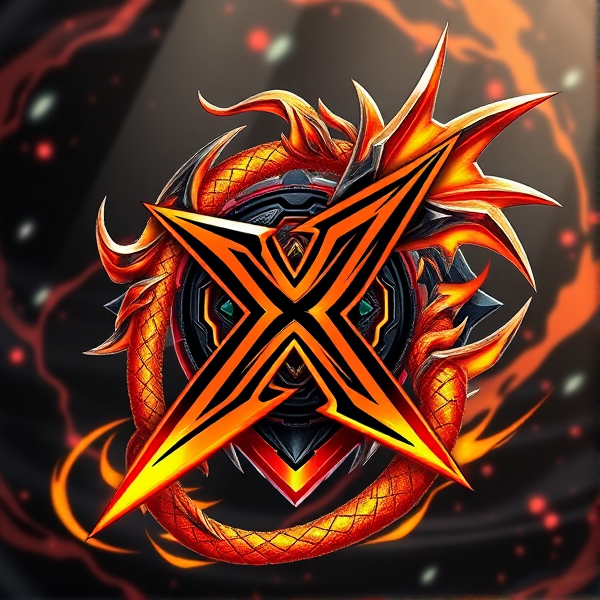 Beyblade x logo intricately intertwined with a fierce, dynamic orange and black dragon, scales glistening with metallic sheen, wings unfurled in a powerful stance, its tail artistically curling around the X enhancing the emblematic design, eyes glowing with an intense ember-like fire against a backdrop of swirling battle energy