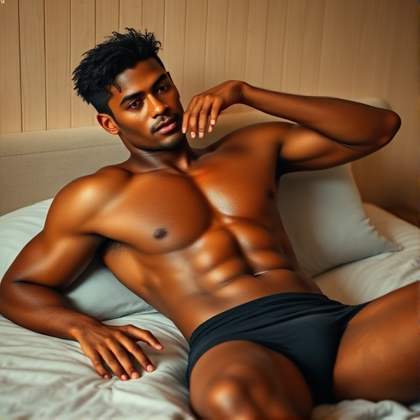 A sculpted raven-haired male with well-defined musculature is leisurely reclining on his bed, propped up on his forearms. His tanned skin shines with droplets of water, suggesting he has just stepped out of the shower. Wearing nothing but fitted black boxer briefs, his athletic build is accentuated. The room's warm lighting casts a gentle glow on him, enhancing the definition of his muscles in what appears to be an effortlessly attractive photo shoot intended for a Tinder profile image.