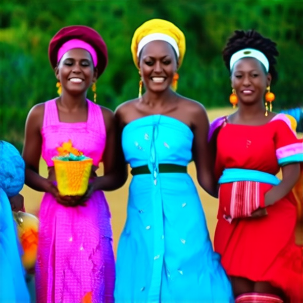 fête de famille africaine traditionnelle en plein air, avec des tenues colorées, un buffet de cuisine locale, danse et musique typique