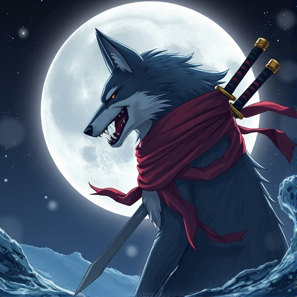 Loup roublard maitre de la lune avec un foulard rouge autours du cou et avec deux épées dans le dos
