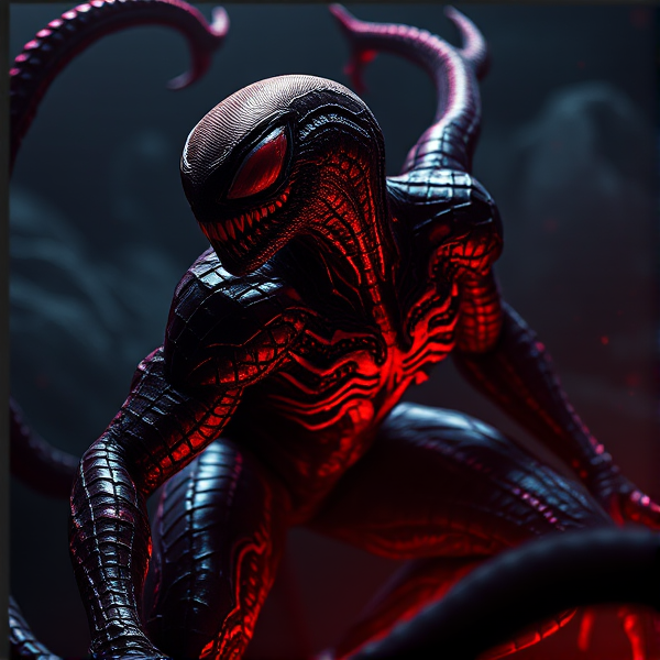 Concevoir une représentation artistique d'un symbiote dynamique, où les nuances de noir et rouge dominent. Le corps de la créature arbore des motifs complexes et détaillés rappelant une texture vivante et organique, tels des veines ou des muscles en relief. La scène doit être enveloppée dans une atmosphère sombre et chargée d'intensité, qui reflète la dualité intrinsèque du personnage, à la fois menaçante et captivante. Les jeux de lumière devront accentuer les aspects dramatiques du symbiote, sans pour autant éclairer excessivement l'image.