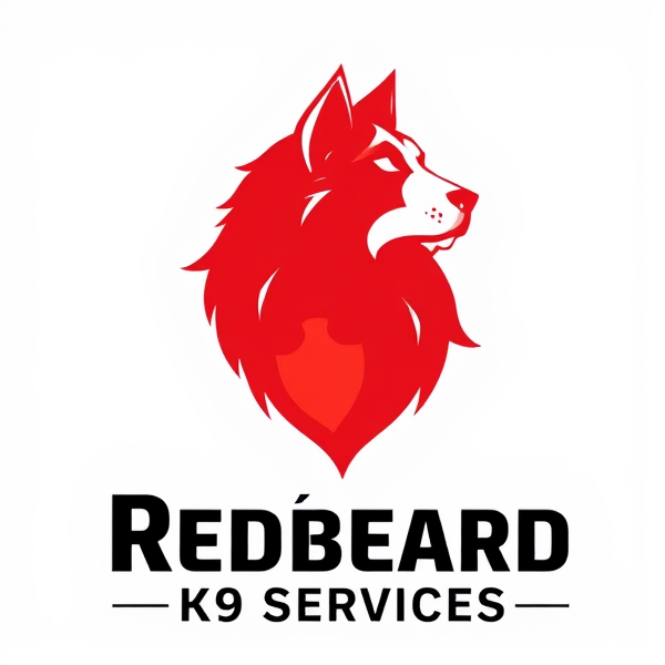 Create a professional and dynamic logo for "Redbeard K9 Services" that combines a stylized, majestic red beard with the silhouette of a noble, strong, and loyal dog. The design should convey power and faithfulness, appropriate for a company's branding and corporate identity. The logo must feature a rich red color scheme for the beard with black and white elements to ensure contrast and visual impact. The company name should be displayed in a bold, authoritative yet welcoming font below the image.