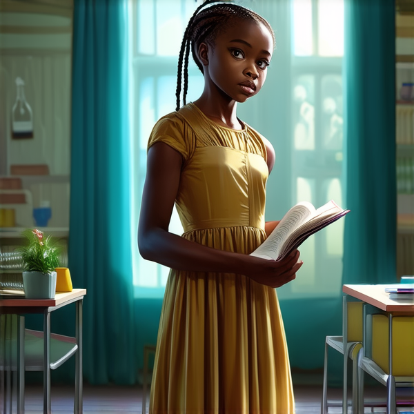 petite fille noire de 8ans en robe avec des tresses africaines tenant un cahier devant une ecole primaire