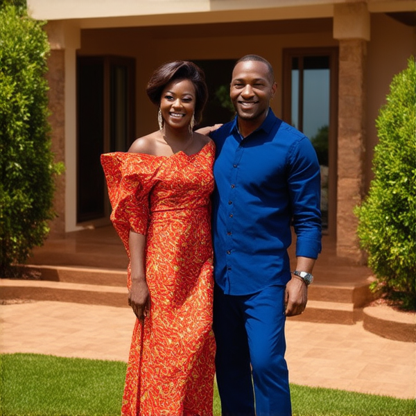 Famille africaine nombreuse et joyeuse, tous en tenues traditionnelles colorées, posant ensemble à l'extérieur. Ils sourient largement devant leur maison spacieuse qui allie élégance et design moderne avec des éléments architecturaux contemporains tels que de grandes baies vitrées et une terrasse épurée. Le cadre est verdoyant avec un jardin soigné autour de la propriété.