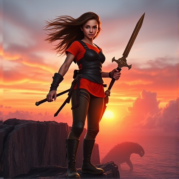 Piper McLean stands tall and heroic upon a jagged cliff edge as the radiant sunset bathes the sky in warm hues of orange, pink, and purple. Her hair is windswept by the fierce sea breeze, cascading like a wild stream behind her. Her eyes, a stormy gray imbued with an ethereal glow, pierce through the encroaching twilight with focused intensity. She dons the iconic Greek demigod camp uniform—leather cuirass fitted over an orange Camp Half-Blood t-shirt, with sturdy brown leggings and worn leather greaves strapped to her shins. In her firm grip is a celestial bronze sword that glints menacingly in the fading light, ready to strike down foes at a moment's notice. Piper's confident expression and poised stance convey unmistakable leadership qualities; she embodies her lineage as the daughter of Aphrodite with both elegance and martial prowess.

Her silhouette is outlined against the dramatic tapestry of clouds rolling in from the horizon, their ominous shapes painting an epic tableau fit for a hero of her stature. Just below the precipice where she stands vigilant, one can discern the faint but growing shadow of an enormous monster looming closer—a tangible threat that promises a battle for the ages.

The scene captures not only Piper's grace and strength but also hints at a story yet to unfold: where beauty meets ferocity under skies that foretell an imminent clash between demigod and beast.