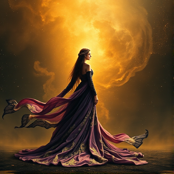 Goddess of Nothingness, the Void, incomprehensible to the human eye

Long flowy dress, gold and purple and  black