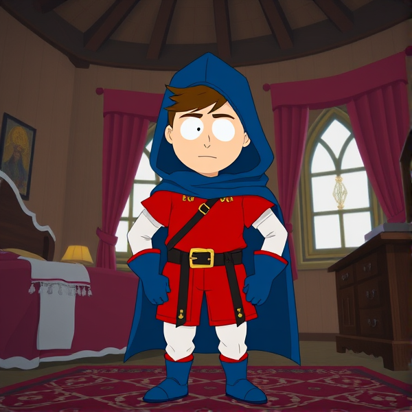 Clyde Donovan from South Park, light skin and brown hair, but as a 14-Year Old, dressed as a medieval prince with a red shirt with white sleeves, a black belt with a gold buckle, white pants, blue boots, blue long-cuffed gloves, and wreathed in a big blue hooded cape, now known as Prince Donovan. Despite still being a kid, he is the Youngest Ruler of South Park, Colorado, but now reborn as the real life Kingdom of Kupa Keep, Zaron, and Prince Donovan is its youngest and greatest hero. The young teenage prince of Kupa Keep is currently standing in his bedroom in his new home of Kupa Keep Castle, preparing to set out for adventure.