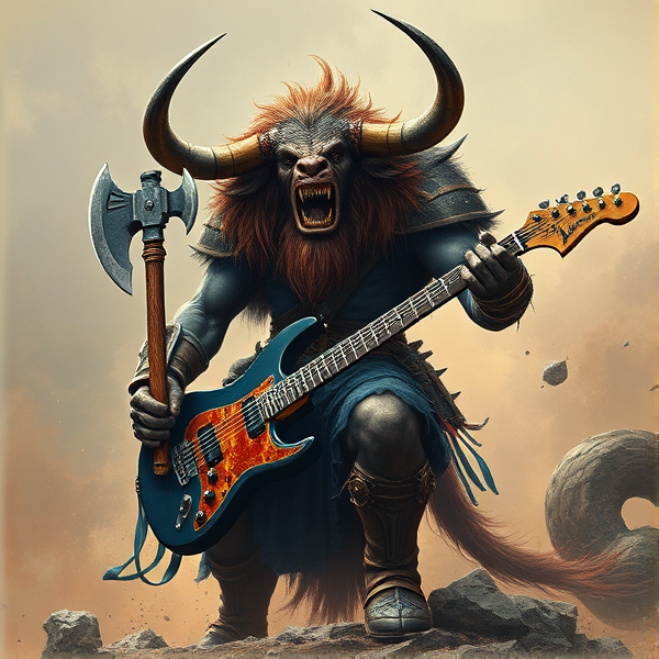 Créer une image d'un minotaure guerrier avec une guitare hache de guerre
