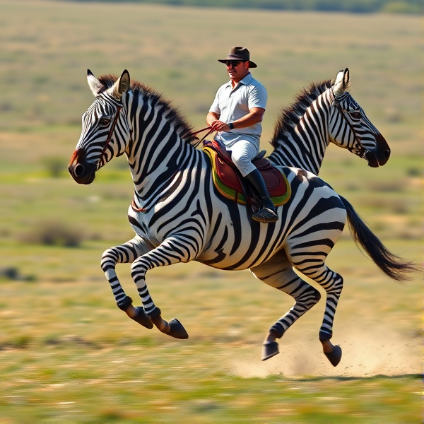 cantering a zebra with rider and saddle on
