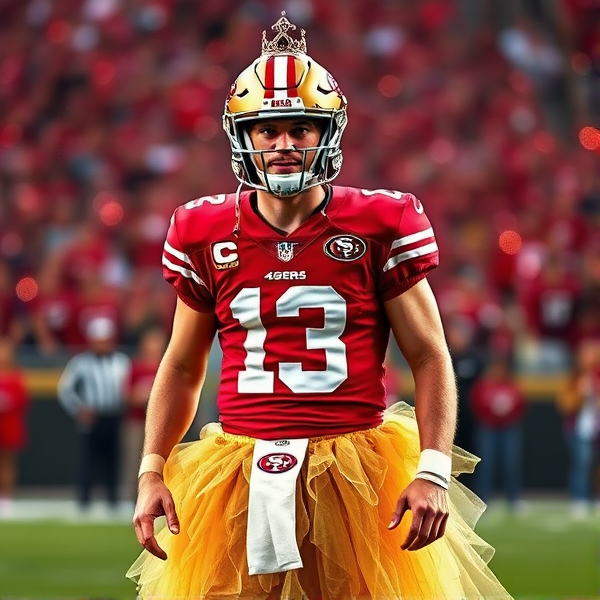 Brock Purdy, quarterback for the San Francisco 49ers, sporting his iconic number 13 jersey, is decked out in an extravagant gold princess skirt. A shiny crown is perched on top of his football helmet. He exhibits a stance of unwavering confidence as he takes to the playing field, which is set against a shimmering backdrop of red and gold sparkles, capturing the essence of the team's spirit and colors