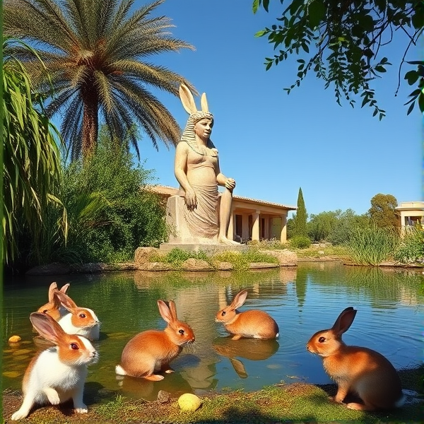 An idyllic scene of rabbits frolicking around a tranquil pond with lush vegetation and ancient Egyptian Isis statue in the background, under a clear blue sky
