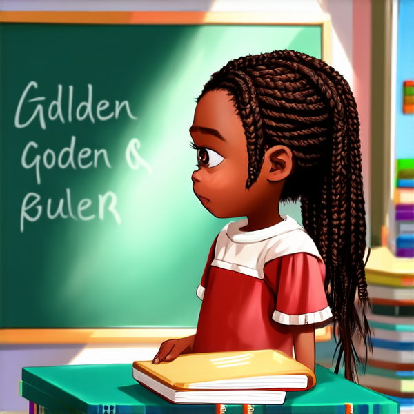 A 8 year-old African girl with intricate braided hair, standing confidently in a vibrant classroom environment, holding notebooks in her hands while facing a chalkboard filled with educational content