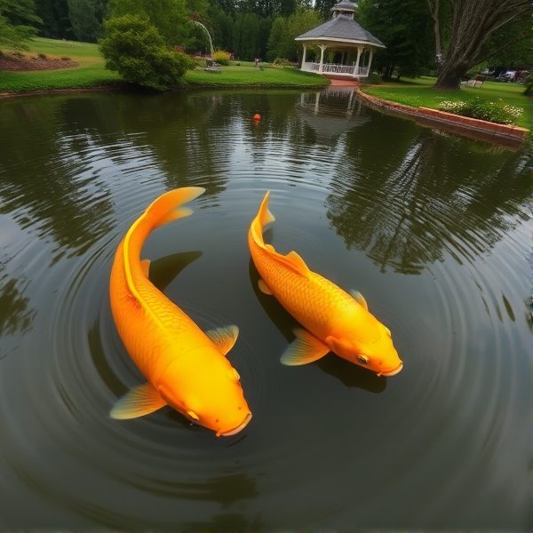 Two golden coy fish swimming in a circular motion in a pond with a gazebo on the banks in the background