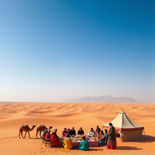 Un panorama captivant où s'étend l'immensité du désert marocain algérien, sous un ciel azur sans nuages. Au premier plan, des membres des communautés marocaine et algérienne se rassemblent joyeusement autour d'un festin traditionnel partagé, leurs vêtements colorés contrastant avec les teintes ocres des dunes ondulantes. Des tentes berbères ornées et des chameaux paisibles complètent cette scène de fraternité et de paix culturelle. À l'horizon, les montagnes majestueuses veillent sur ce moment historique d'unité.