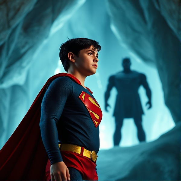 1990's Cinematic Movie Scene: Jon Kent, AKA Superboy, the young little 12-year old super son of Superman, and the first kid to be born as the world's first Half-Kryptonian child. Despite being a kid, he has all of his father's powers, with an extremely muscular body, the iconic costume, the singular curled bang sticking out at the front of his flat and smooth black hair, and a long cape. The young little Half-Kryptonian kid, Jon Kent, now Superboy, stands in his secret icy crystal lair in the Arctic, the Fortress Of Solitude, talking to the apparitions of his ancient Kryptonian ancestors for help, information, and guidance to his destiny.