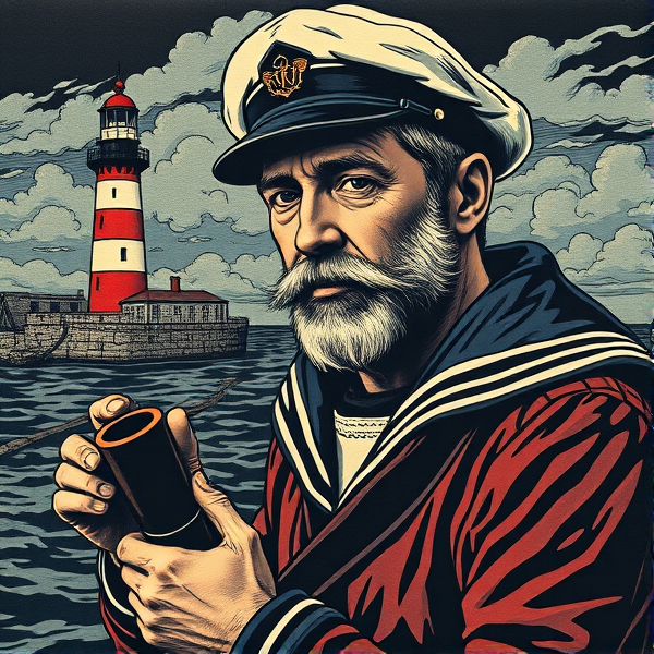 Linogravure d’un marin avec une pipe en fond un phare