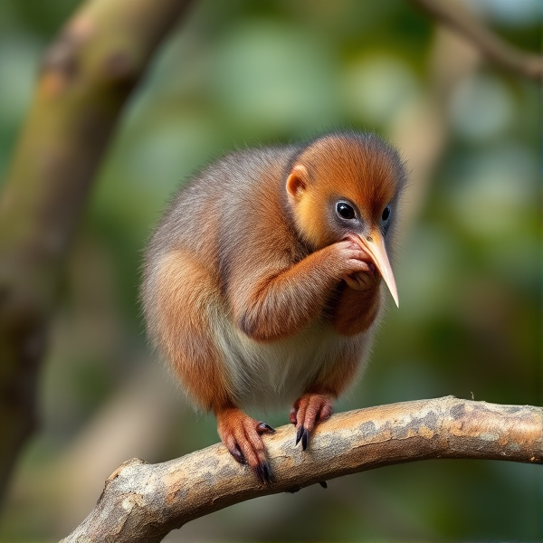 Kiwi bird with monkey-like agility and playfulness, perched on a tree branch