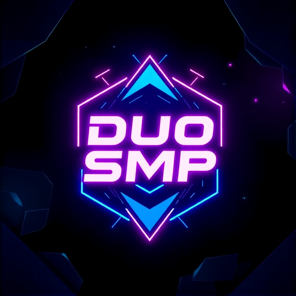 Duo smp logo digital, neon accents and cyber-inspired elements on a moody, dark background with subtle hints of electric blue or purple to enhance the gaming aesthetic, surrounded by abstract geometric shapes that suggest a high-tech environment