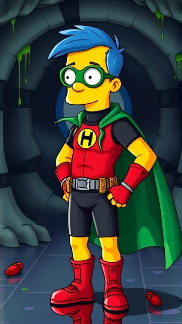 Milhouse Van Houten from The Simpsons, with his yellow skin, really big round nose, and blue hair that's slicked back and curled up at the top, but as a tall, 18-year old teenager, dressed as a parody of Robin, The Boy Wonder, with an extremely muscular torso and arms, a dark green bodysuit with a red torso adorned with a green H symbol on his chest, a grey utility belt, red boots, red long-cuffed gloves, a big, heel-length long, ultra-wide green cape, and a green eye mask with optical lenses in it, now known as Houseboy, The Nerd Wonder, the other half of Springfield's Dynamic Duo, and one of the greatest vigilante superheroes ever known in Springfield. He is currently standing in his secret high-tech underground lair, ready for action.