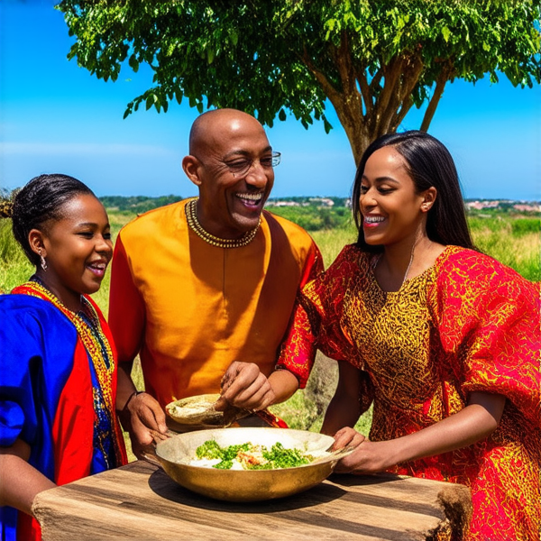 Famille nombreuse souriante réunie autour d'une table rustique en bois garnie de plats traditionnels africains, sous un ciel bleu dans un cadre champêtre avec des arbres et une végétation luxuriante, portant des vêtements africains colorés et variés, échangeant des rires et des conversations chaleureuses