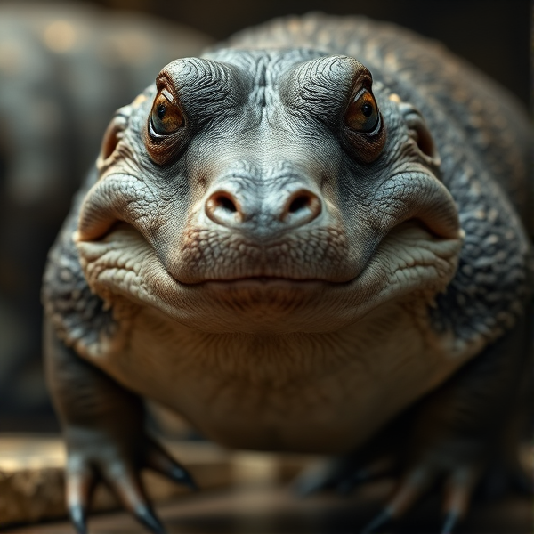 animal with thick skin and a squared flexible mouth and lips with the eyes on top of their head and webbed feet