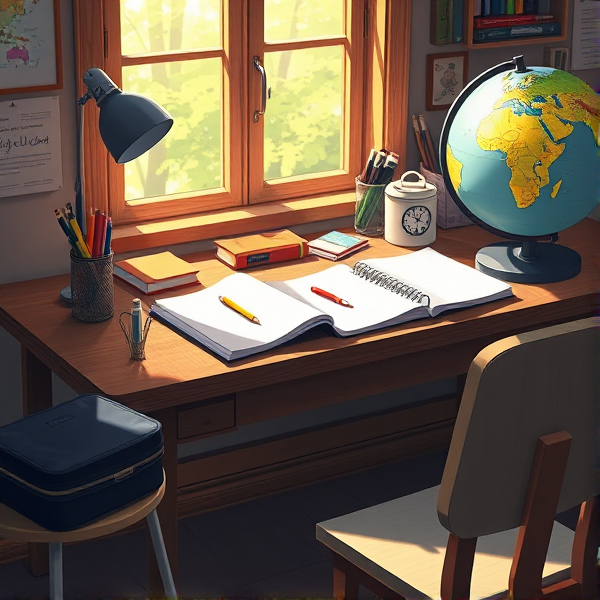 table en bois éclairée par la lumière naturelle de la fenêtre, couverte de fournitures scolaires comme des cahiers ouverts, des stylos, des crayons, une trousse et un globe terrestre  .