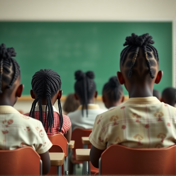des filles noires de huit ans avec des tresses africaine et garçons assis dans une classe face au tableau vert