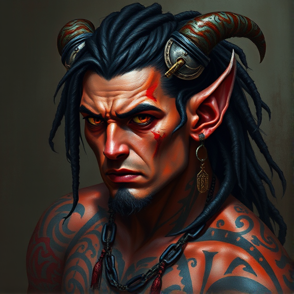 Male, tiefling, monk, tribal tattoos, eargauges, black dreadlocked hair, red skin, carved horns, scars