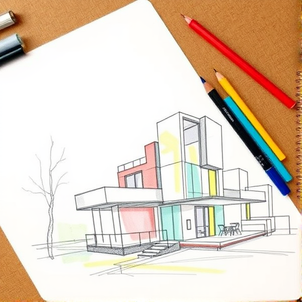 sketch for a diagram in pencil in the style of Le Corbusier with colors