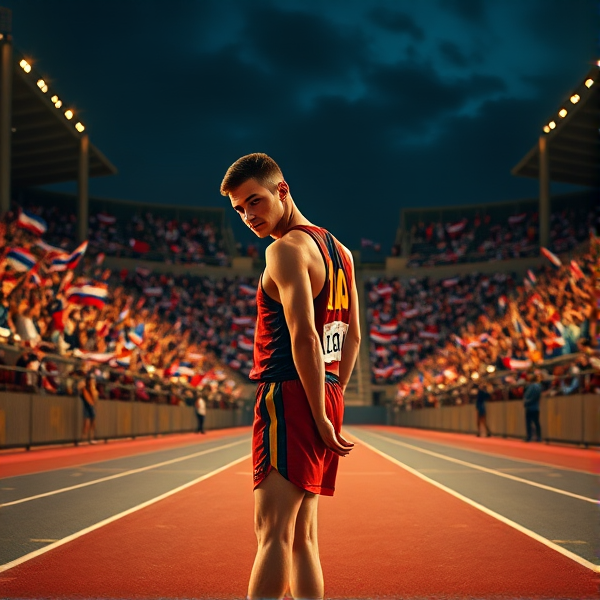 Foreground: In the center of the athletic field, a male sprinter stands with a melancholic air. He is dressed in vibrant sportswear, but his face betrays a heavy heart. He tilts his head slightly, his gaze fixed on the center of the stands, as if searching for something.

Background: The stands are alive with noise, spectators waving flags and cheering loudly, their excitement palpable after the just-concluded competition. The lights on the stands flicker, adding to the vibrant atmosphere.

Focal Point: In the center of the stands, bathed in dim light, a girl stands with her back to the athlete. She is dressed simply, her hair cascading over her shoulders. She turns her head slightly, looking back at the athlete, her eyes filled with regret and longing.

Contrast: The athlete and the girl's eyes meet, both filled with a sense of loss and regret, as if there is an unspoken story between them. This poignant scene stands in stark contrast to the enthusiasm of the crowd, adding a touch of sadness and melancholy to the image.